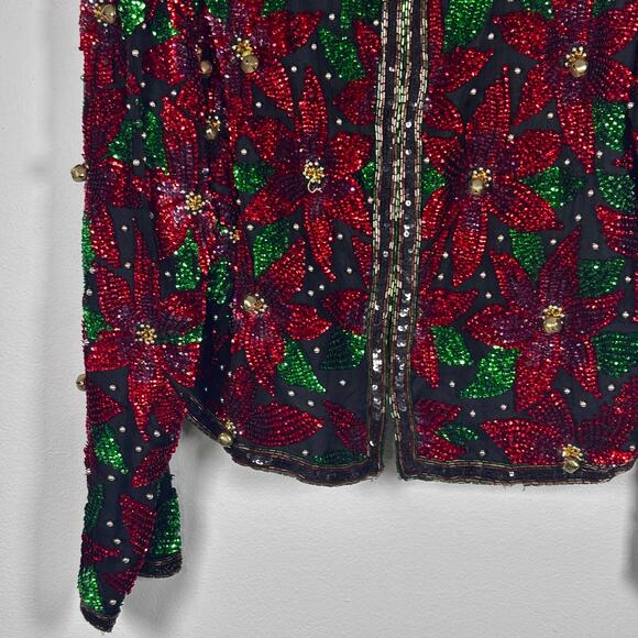 Vintage Laurence Kazar Sequin Jacket Size XL Red Black Floral Beaded Cropped - Picture 4 of 15